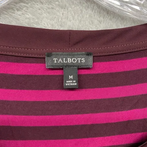 Talbots Shirt Womens Medium Pink Stripe Bow Tie Short Sleeve Pullover Stretch - Picture 4 of 9